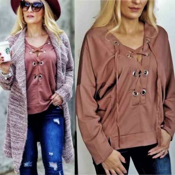 LANGLEY Lace up Grommet Casual Top - Picture 3 of 5